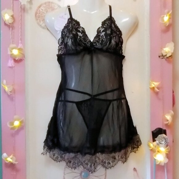 RSLove (L) Floral Lace and Sheer Lingerie Nighty w Matching Strappy Panty - Picture 2 of 7